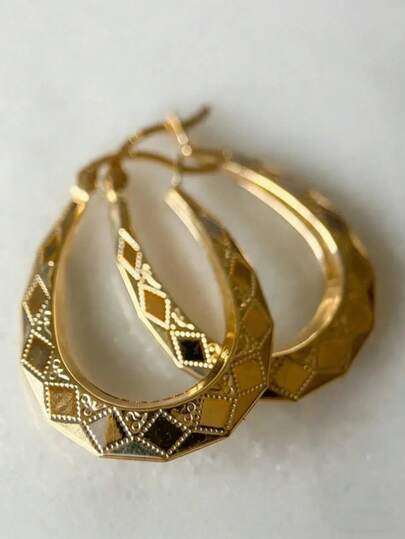 1 par de pendientes ovalados vintage tallados a mano - Accesorios elegantes para bodas y fiestas, diseño de patrón geométrico exquisito, pendientes dorados versátiles para todo el año, joyería de declaración de moda, accesorios para mujer