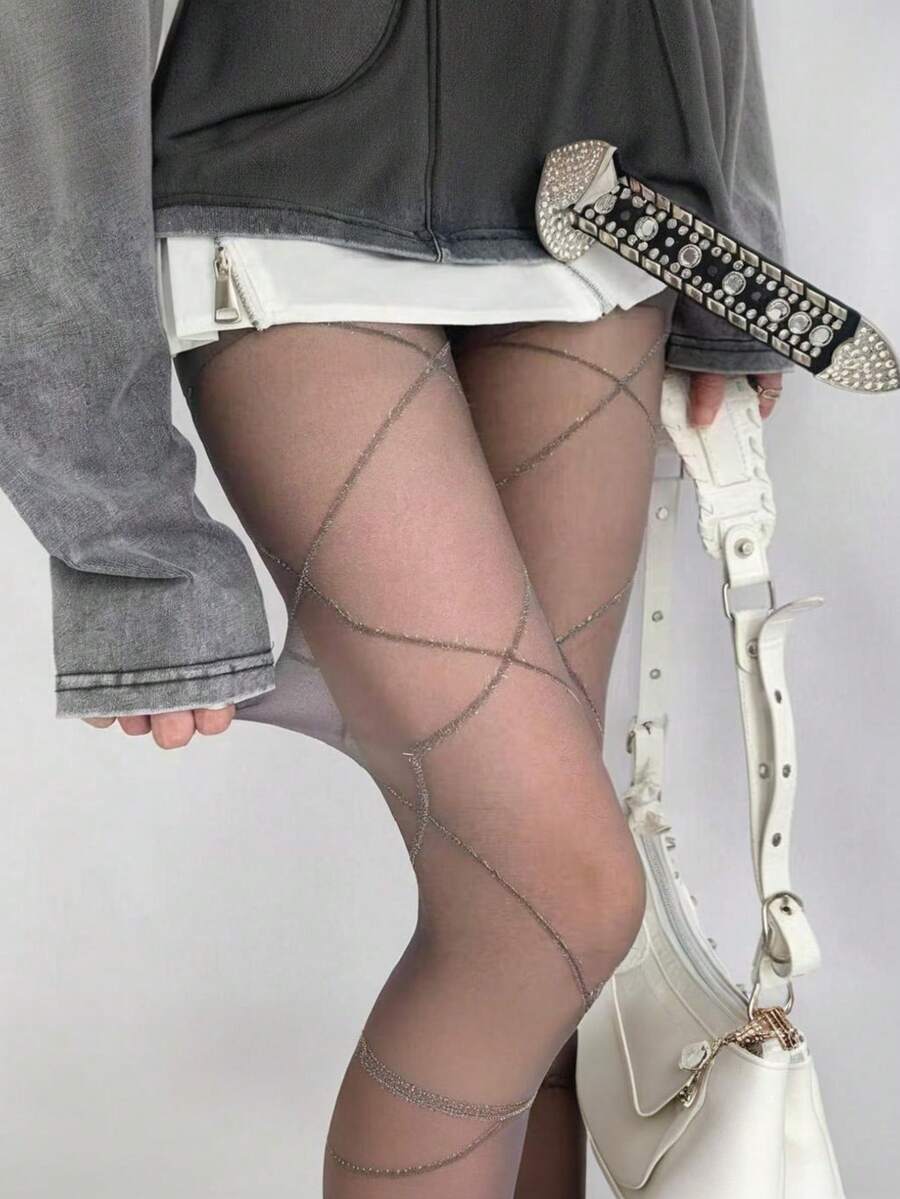 1pc Silver Criss-Cross, Diamond Mesh Pantyhose, Thin & Sexy Design, Slimming Effect, Suitable For Spring/Summer