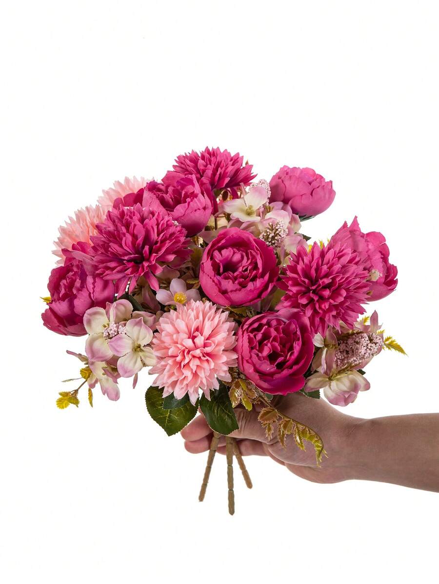 1 buc buchet artificial cu 6 capete de bujori și hortensii, material pentru buchet de mireasă, decor pentru casă/restaurant/vază, decor de nuntă, decor de fundal, decor auto cu flori, material pentru coroană DIY, ușă, material floral, cadou de Ziua Îndrăgostiților, decor de toamnă - Roz fierbinte - Vizualizare 1