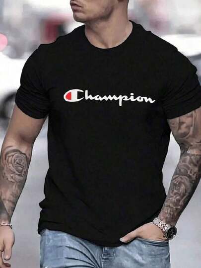 Camiseta Champion Negra Hombre, 1 unidad de 100% algodón puro, Deportivo con Estampado Digital de 220 Gramos, Estilo Casual Camisa de Hombre con Cuello Redondo y Mangas Cortas para Tiempo Libre