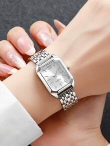 1pc Women's Fashion Square Roman Numeral Dial Quartz Wrist Watch, Classic Elegant Style (Watch Only, No Box) - Silver - View 2