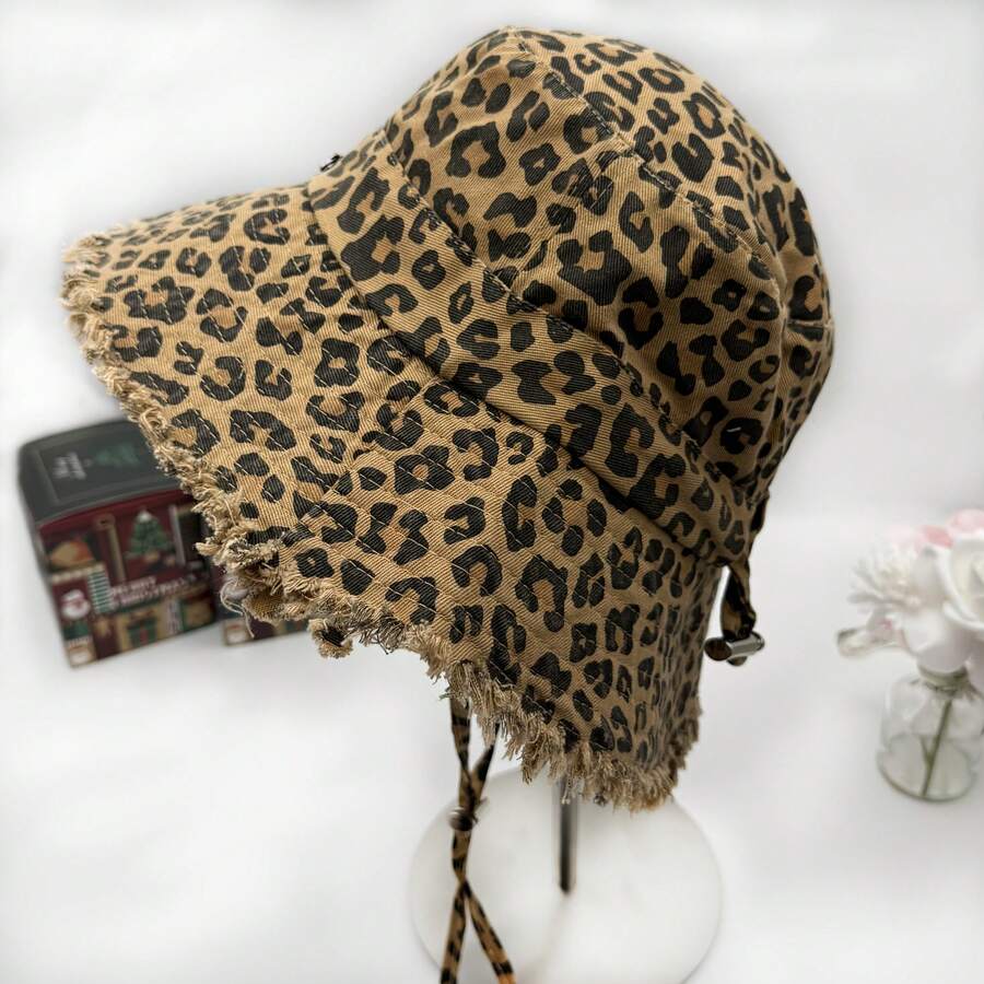 Sombrero de cubo con cordón ajustable y estampado de leopardo, de material de poliéster transpirable, adecuado para viajes y uso diario - Multicolor - Ver 1