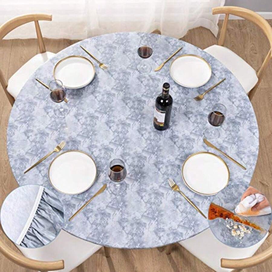 UMINEUX - Mantel redondo de vinilo ajustable con bordes elásticos y respaldo de franela funda de mesa redonda impermeable lavable para uso en interiores y exteriores se adapta a mesas de hasta 40 a - Mármol gris - Ver 1