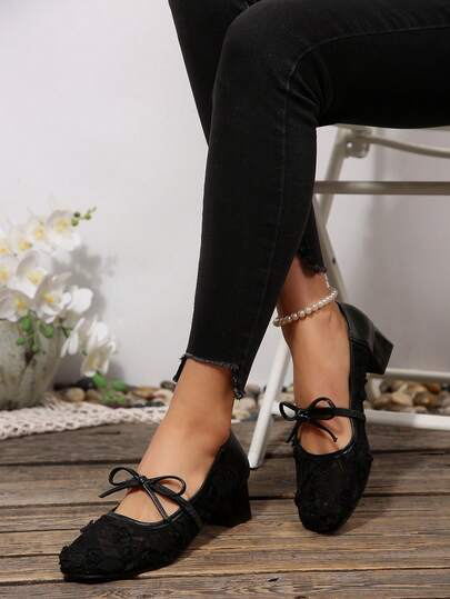 Women's Lace Material Business Bow Decor Black High Heels, Suitable For Office, Ball, Party, Outdoor Wear, Fashionable And Elegant High Heels