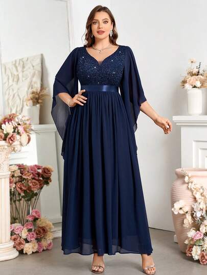 Deep V-Neck Sequin Floral Lace Contrast Butterfly Sleeve Chiffon Hem Evening Dress, Suitable For Wedding Guest, Birthday, Graduation, Homecoming And Other Occasions Elegant