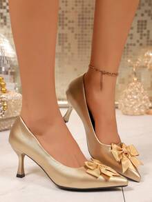 时尚蝴蝶结套脚式女士高跟鞋，仙女风百搭尖头高跟鞋，适合商务、派对、婚礼等场合。 - 金色 - 查看 9