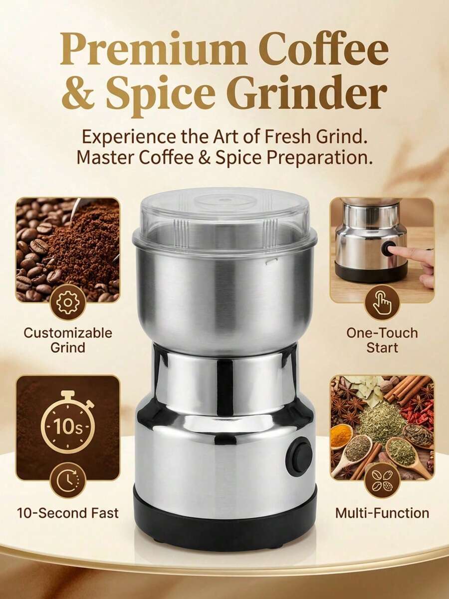 1. 多功能电动研磨机，可研磨食材、咖啡豆、调味料等，容量300毫升，内置4个刀片，适合家庭厨房用作香料研磨机。