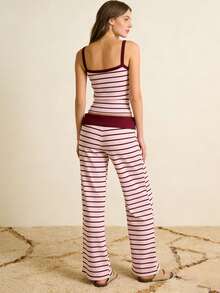 Conjunto de pijama de dos piezas para mujer, a rayas: camiseta sin mangas tipo camisola y pantalón holgado. Pijama suave para dormir. - Violeta - Ver 7