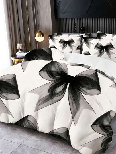 2/3件套优雅黑色蝴蝶结床上用品套装，含被套（1个被套+1/2个枕套，不含枕芯），奢华蝴蝶结床上用品套装，柔软温暖舒适，适用于卧室、客房、宿舍装饰