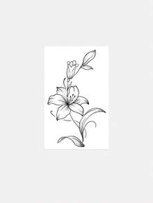 1 pieza Tatuaje temporal de estilo de boceto con diseño de flor de lirio a prueba de agua, patrón de vid floral fresca para la cintura lateral, adecuado para personas - Negro - Ver 2