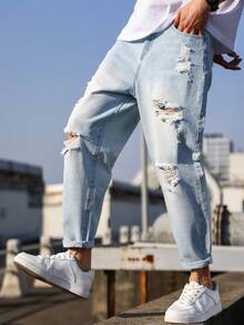 Roughcore Men's Loose Fit Distressed Washed Denim Jeans - Blue and White - View 4