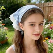 3pcs Bandana, Headband & Hair Clip Set, Ruffled Plaid Headband, Sweet & Cute Countryside Style Girl Photo Props - Red - View 1