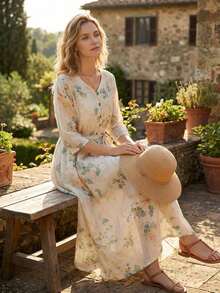 Women's V-Neck Button Printed Dress, Spring/Summer - Yellow - View 11