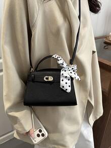 时尚简约女士手提包，新款奢华压纹皮革单肩包，通勤斜挎包配丝巾，托特包 - 黑色 - 查看 4