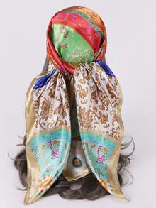1pc 90cm Fashionable Printed Scarf, Faux Silk Neckerchief, Versatile Headband, Gift - Multicolor - View 6