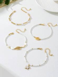 Set de 4 piezas Tobillera elegante minimalista con estrella de mar y concha, adecuada para la playa, fiestas y uso diario - Blanco - Ver 3