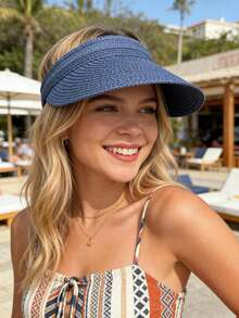 1pc Solid Color Straw Visor Hat, Windproof, UV Protection, 3D Design, Foldable, Fashion Versatile, Elegant Style, Soft & Comfortable, Suitable For Beach, Outdoor, Travel, Hiking, Cycling, And Various Occasions,Summer - Open Top - View 10