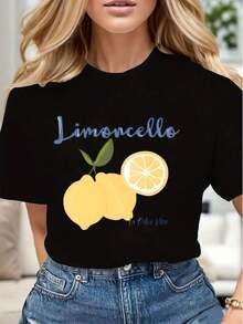 Limoncello Lemon Print And Text Women Casual T Shirt Soft Comfortable Gift For Summer Holiday Party - 黑色 - 查看 1