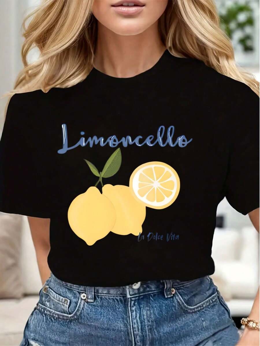 Limoncello Lemon Print And Text Women Casual T Shirt Soft Comfortable Gift For Summer Holiday Party - 黑色 - 查看 1