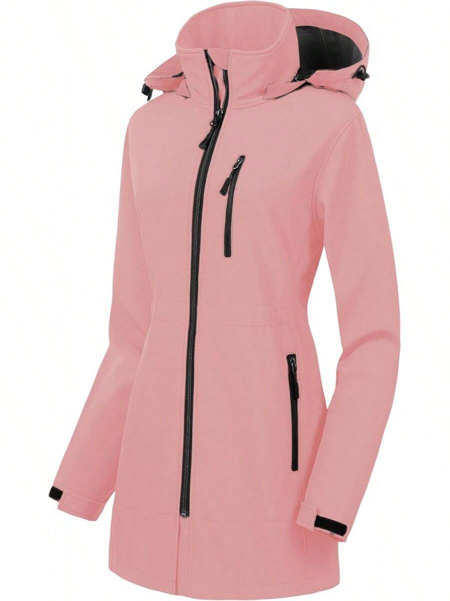Women's Waterproof Long Trench Coat Fleece Lined Softshell Jacket Lightweight Hooded Raincoat Warm Windbreaker For Outdoor Running Hiking - 粉色 - 查看 1