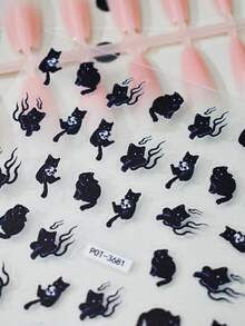 1pc Durable Nail Sticker, Dark Cartoon Black Cat Nail Art Decal, Cute & Cool Decoration, Easy Application, Long-Lasting, Ideal For Daily Wear And Party Nail Stickers - Multicolor - View 3