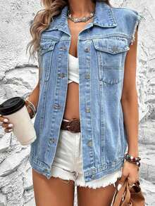 Casual Denim Vest Jacket, Versatile For Spring/Summer Daily Wear, School, Party, Travel, Airport - 藍色 - 查看 4