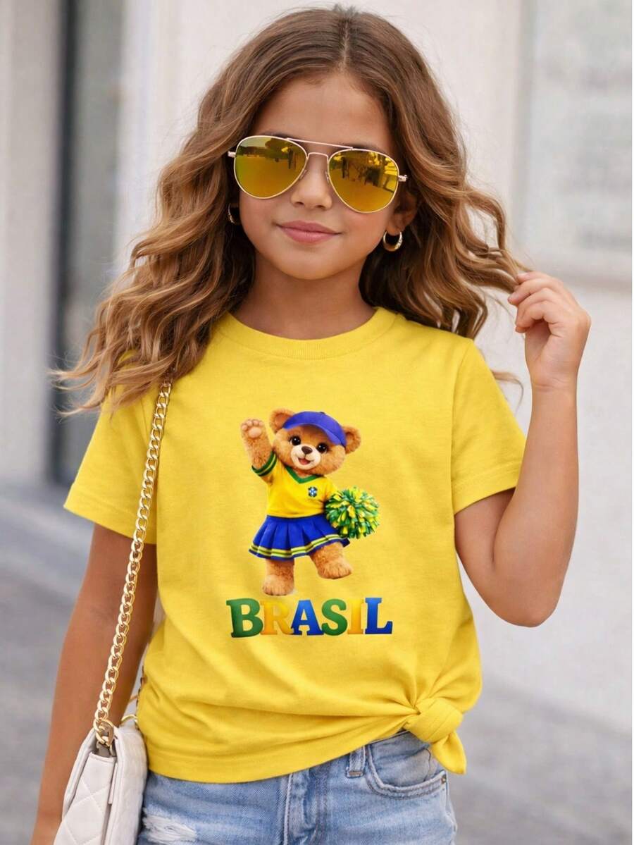 Brazil Bear Cheerleader Girl's T-Shirt, Blogger Style, Comfortable Cotton, World Cup Fashion - Màu vàng - Xem 1