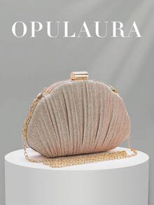 OpulAura 女款極簡貝殼造型奢華 PU 皮革晚宴手拿包，優雅迷人的晚宴包，亮面派對包，適用正式場合、雞尾酒會、浪漫婚禮，附鏈條背帶 - 金色 - 查看 2