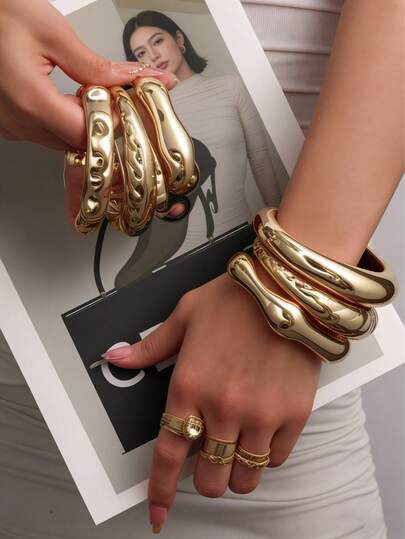 1-2 Pieces European And American Style Stacked Gold Bracelets, Simple Geometric Design With A Closed Structure, Made Of High-Quality Resin Material, Suitable For Women To Wear Daily For Commuting.