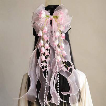 Bow-Tie Lily-Of-The-Valley Cute & Sweet Girl Hair Clip, Suitable For Daily Wear And Traditional Costume With Long Ribbon