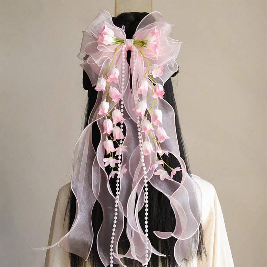 铃兰蝴蝶结发夹,可爱甜美,适合日常佩戴和传统服饰,配有长丝带 - 洛棲後壓粉紅色一個 - 查看 1