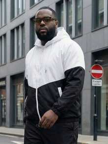 Plus Size Hooded Sports Jacket, Thin Color Block Hooded Sports Coat, Suitable For All Seasons - Black and White - View 4