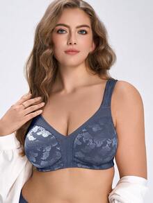 Plus Size Wireless Soft & Comfortable Jacquard Full Coverage Everyday Bra Without Padding - Dusty Blue - View 5