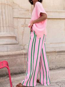 Striped Polyester Pocket Drawstring Pants, Suitable For Casual, Holiday, Evening Date, Birthday Party, Back To School Party, Travel, Country Music Festival, Sports & Fitness, Spring/Summer Vacation - Pink and Green - View 5