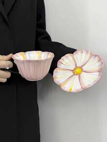 1 Set Estilo Ins Taza y platillo de café de cerámica con relieve floral rosa, taza y plato pintados a mano con esmalte, taza de desayuno para el hogar, plato para pan, taza de té de la tarde en la oficina, taza para latte art, taza de té de flores, taza de jugo y bebida, taza de agua para pareja, taza de regalo para fiestas - Multicolor - Ver 1