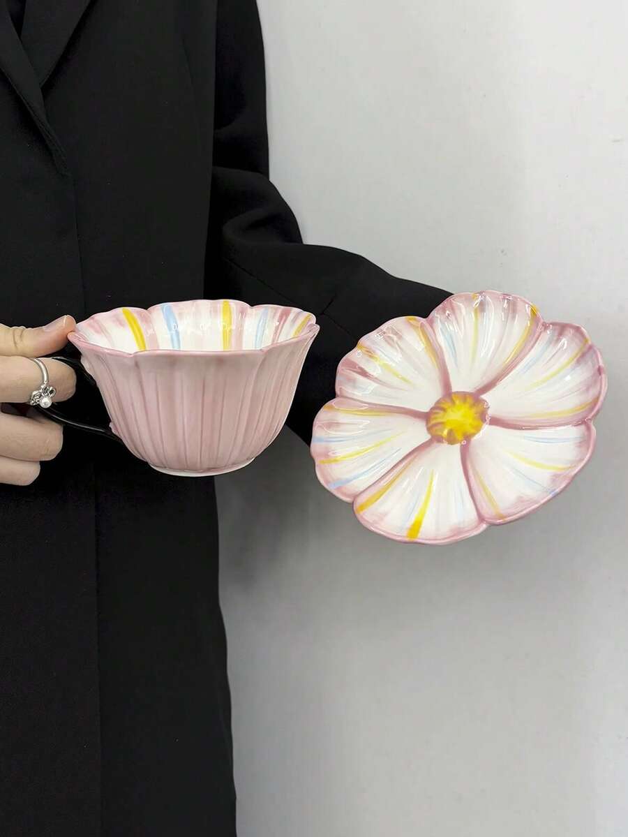 1 Set Estilo Ins Taza y platillo de café de cerámica con relieve floral rosa, taza y plato pintados a mano con esmalte, taza de desayuno para el hogar, plato para pan, taza de té de la tarde en la oficina, taza para latte art, taza de té de flores, taza de jugo y bebida, taza de agua para pareja, taza de regalo para fiestas - Multicolor - Ver 1