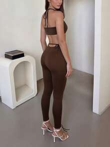 DOUCIU Solid Color Camisole Crop Top Paired With Street Style Metal Ring Tie Waist Long Pants Sexy 2-Piece Set, Suitable For Spring/Summer Beach, Party, Events - Brown - View 2