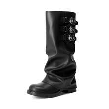 Fold-Over Knee High Boots Comfort Low Heel Wide Calf Slouchy Motorcycle Boot Buckle Long Tall Boots Fashion Women Shoes - màu đen - Xem 9