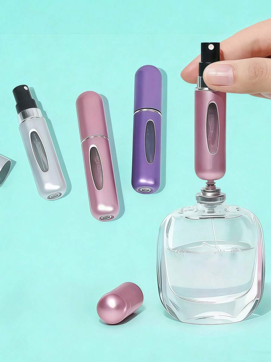 1pc/2pcs/3pcs/4pcs/5pcs 5ml Refillable Perfume Spray Bottle, Travel Perfume Bottle, Refillable Travel Spray Bottle, Holiday Essential, Travel Essential, Perfume Refill Bottle, Independent Packaging, Travel Perfume Refill Bottle And Portable Perfume Dispenser, Glitter Pink Perfume Bottle, With Pump Sprayer