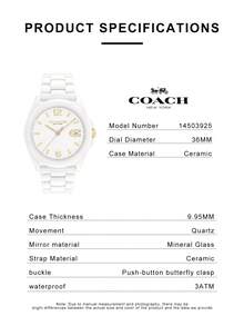 Coach GREYSON Series Women's Watch, White Case White Ceramic Strap White Dial - 白色 - 查看 4