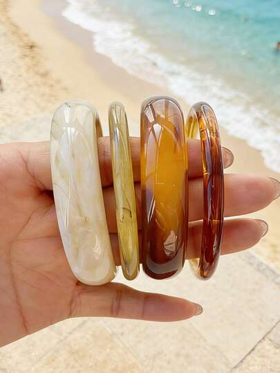 4 pezzi Set di braccialetti a fascia in acrilico beige vintage, design a tubo alla moda, adatti per uso quotidiano, feste e vacanze al mare