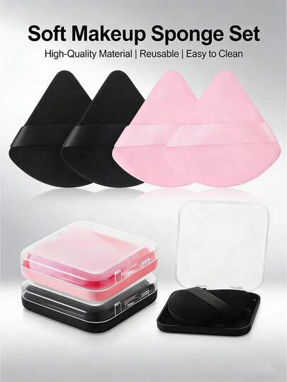 6 件套粉扑套装，带旅行收纳盒，三角形粉扑，适用于散粉、身体粉、定妆粉，也可用于面部散粉，美妆工具（黑色+粉色），化妆品，价格实惠，房间装饰，梳妆台，旅行，卧室，化妆配件，粉扑，粉扑，化妆海绵，价格实惠，圣诞礼物，化妆品，化妆工具，特价，礼物，女士礼物，圣诞礼物