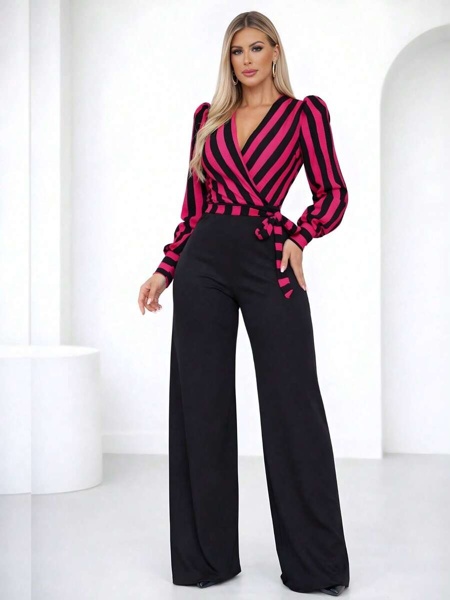 Women's Chic Long-Sleeved Striped Jumpsuit With Wide-Leg Pants, Ribbed And Elastane, Slim Fit, V-Neck, Casual And Elegant Winter Fashion - 羅莎 - 查看 1