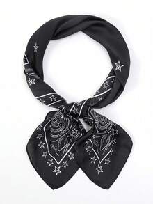 1pc 27.6"X27.6" Women's Small Satin Printed Scarf/Headband/Neckerchief/Hair Tie/Thin Scarf/Shawl, Suitable For Dresses - Black Star - View 3
