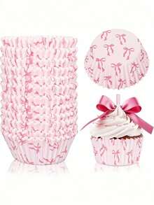 50/100 chiếc giấy lót bánh cupcake hình nơ màu hồng, cốc giấy nướng bánh cupcake, cốc giấy nướng bánh chủ đề màu hồng cho tiệc tùng, cốc giấy làm bánh mochi. - Xem 1