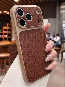 1个新款时尚荔枝纹皮革质感大窗口手机壳，兼容 17 Pro Max、17 Pro、16 Pro Max、15、14 Pro、13、12 Pro、17，带摄像头保护，磨砂软壳防摔保护壳 - 深棕色 - 查看 2