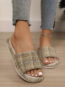 女士新款亚麻图案室内平底拖鞋，夏季防滑加厚舒适亚麻平底凉鞋，软底毛绒拖鞋 - 綠色 - 查看 3