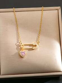 时尚别针心形项链，女士款 - 不锈钢链，铜质吊坠，镶嵌优质立方氧化锆，理想的情人节礼物及日常佩戴饰品（1 件） - 項鍊 - 查看 4