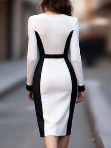 Black & White Splice Long Sleeve Belted Midi Pencil Dress, Slimming & Elegant - Black and White - View 5