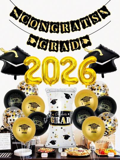 1/23件套2026毕业派对气球套装，包含2026数字铝箔气球、“恭喜毕业”黑金横幅、毕业帽、毕业证书、毕业图案乳胶气球和彩色亮片气球，适用于毕业典礼派对装饰、教室氛围装饰、2026毕业派对、小学、中学、大学毕业庆祝派对用品、班级毕业派对、生日派对、学校活动和校园装饰。